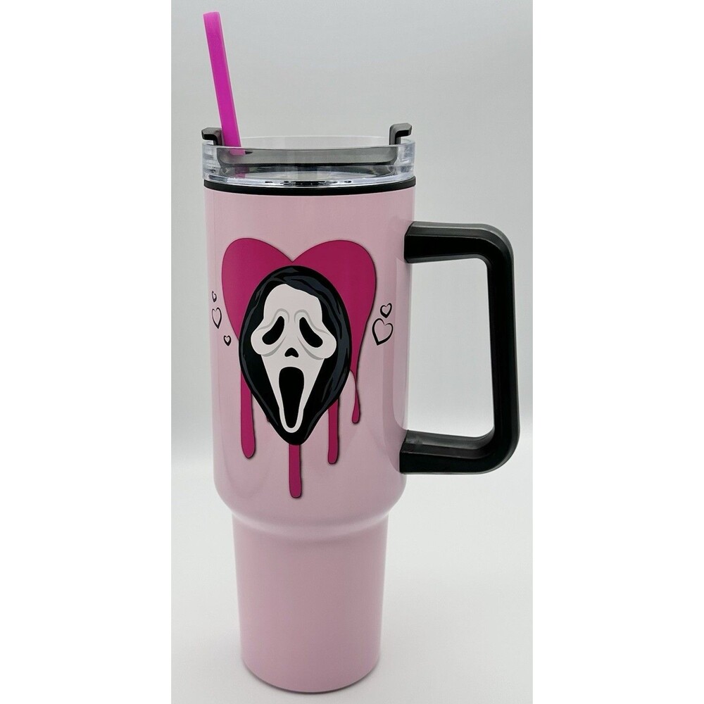 Ghost Face Scream Halloween 40oz Pink Tumbler Cup Travel Mug Handle Straw